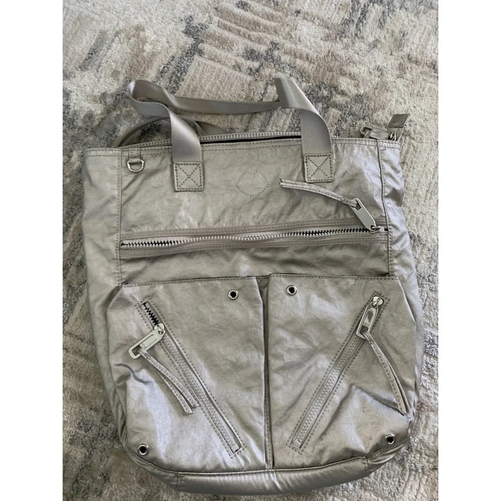 Juicy Couture Metallic Silver Multi Pocket Tote Bag Crinkle Nylon Zip Top